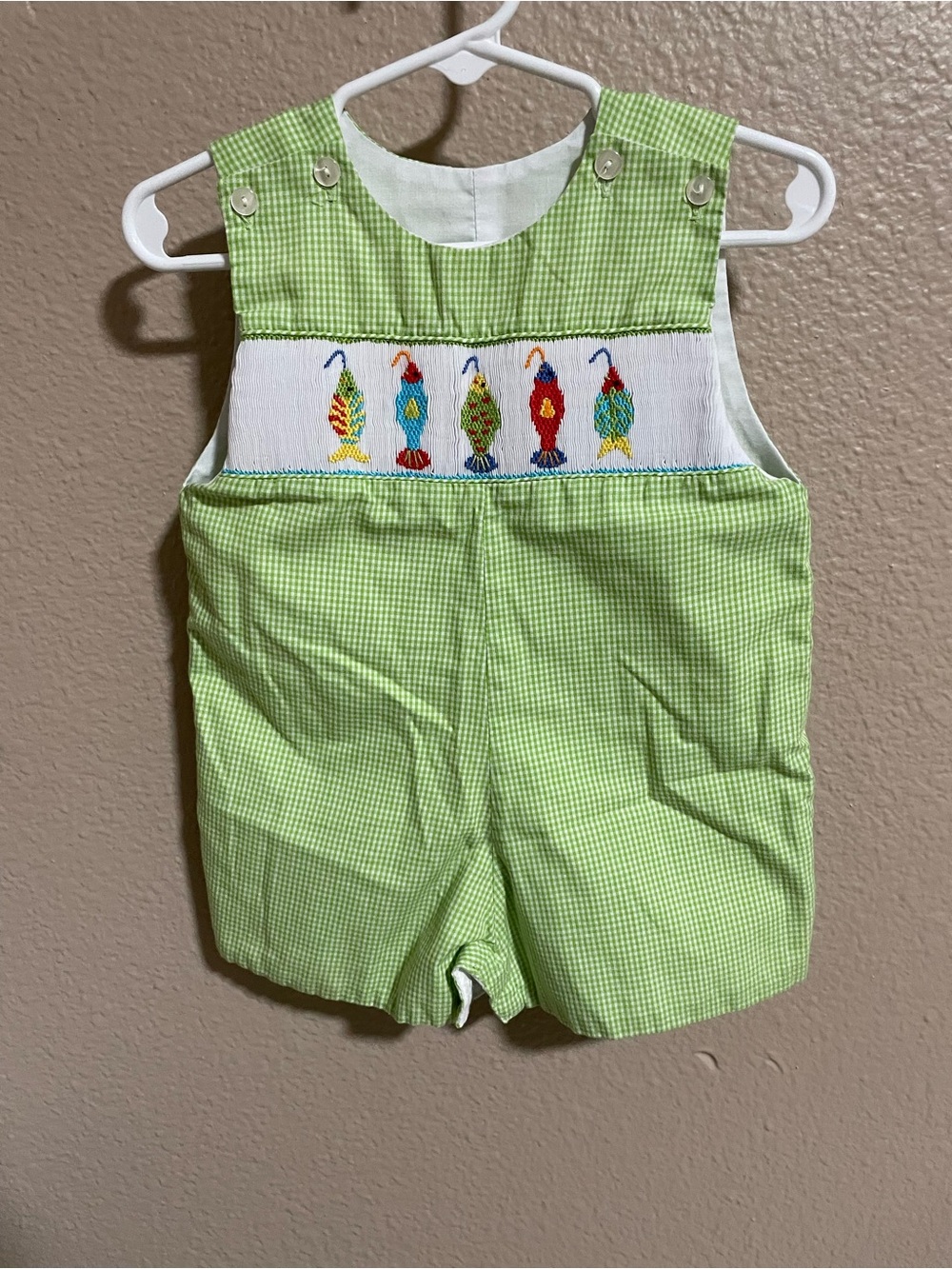 Classic Whimsy Green Gingham Baby Fish Jon Jon Romper - 6M